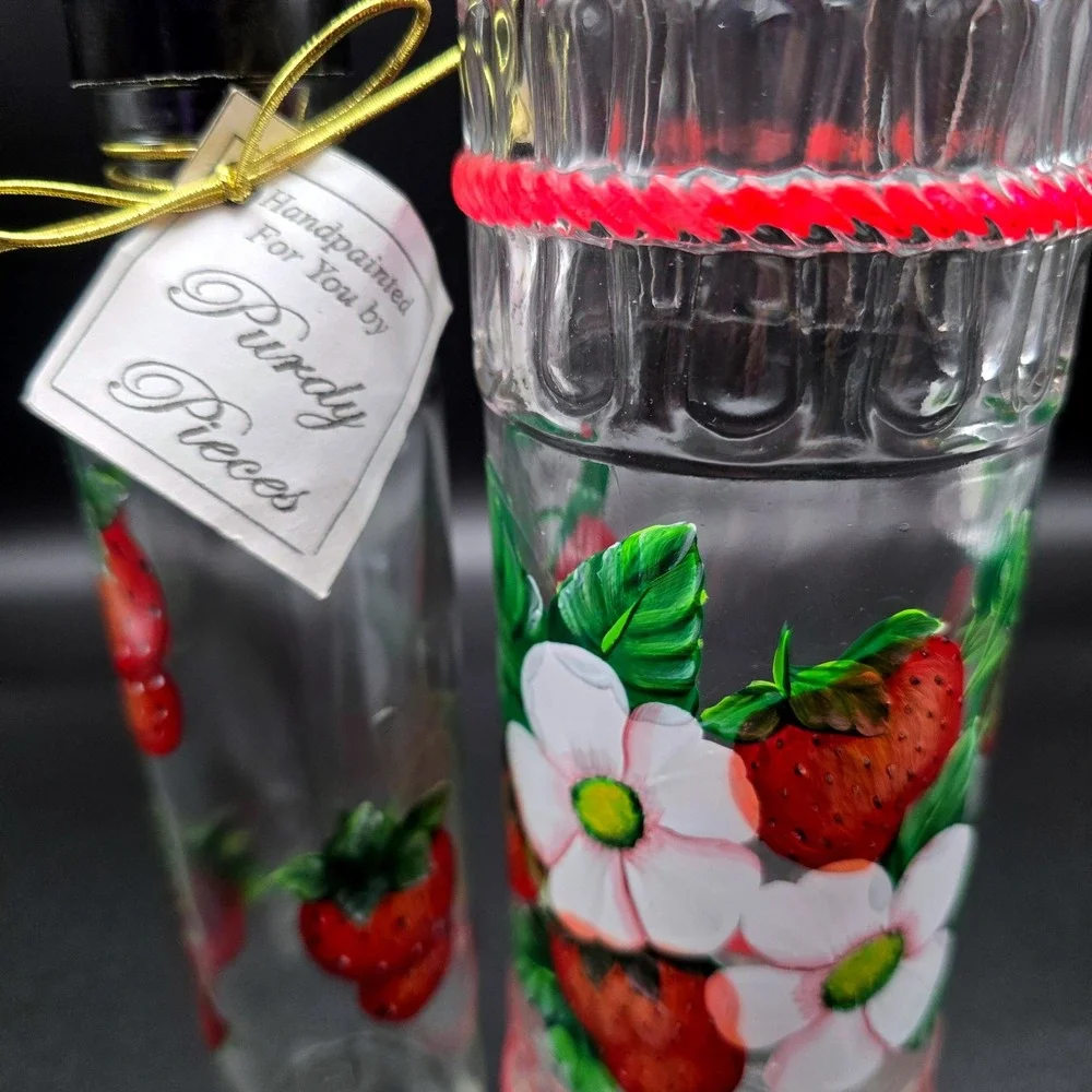 Purdy Pieces Handpainted Strawberry Glass Oil Vinegar Cruet Set Italy Spill-Stop